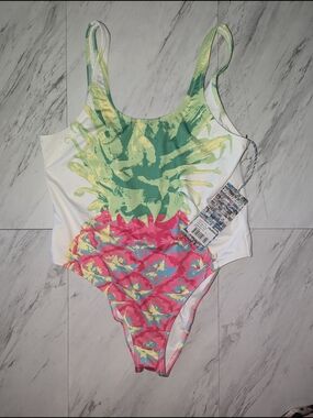 chubbies White One-Piece Swimsuit with Green Pineapple and Pink Pattern